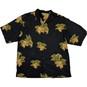 TOMMY BAHAMA Tropical Black Hawaiian Shirt 100% Silk Button Up Sz Large